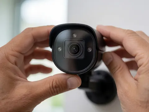 Gros plan sur la lentille d'une caméra de sécurité installée à l'extérieur, montrant les détails techniques du capteur et de l'équipement.