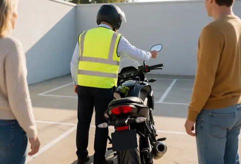 Un instructeur en casque et gilet ajuste le rétroviseur d'une moto noire dans une cour, sous la lumière du matin, avec deux personnes observant.