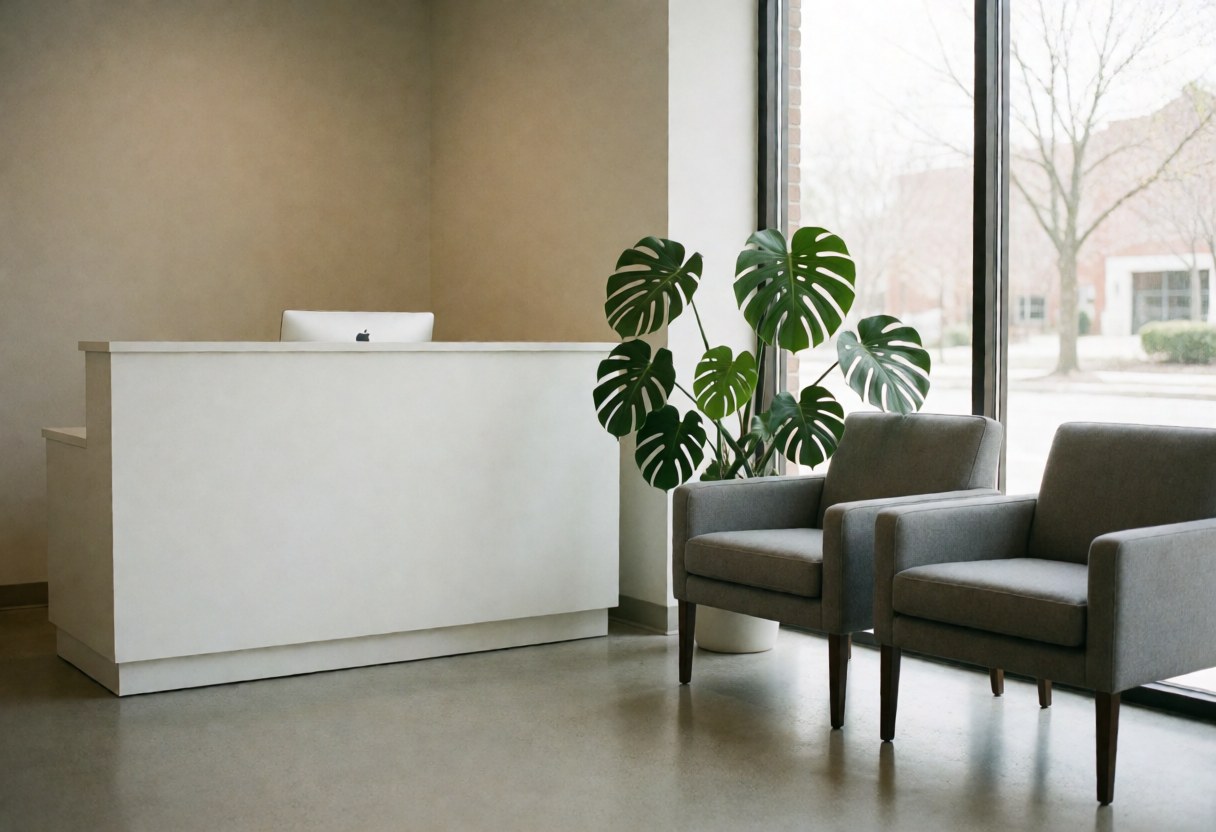 Réception épurée et moderne avec bureau blanc, deux chaises grises et un monstera près d'une grande fenêtre baignée de lumière naturelle.