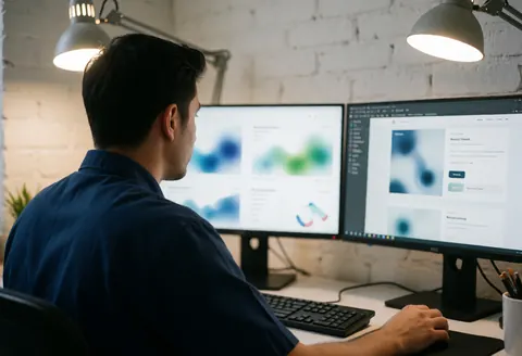 Un spécialiste du marketing travaille sur un ordinateur avec deux écrans affichant des données et une page web dans un bureau moderne.
