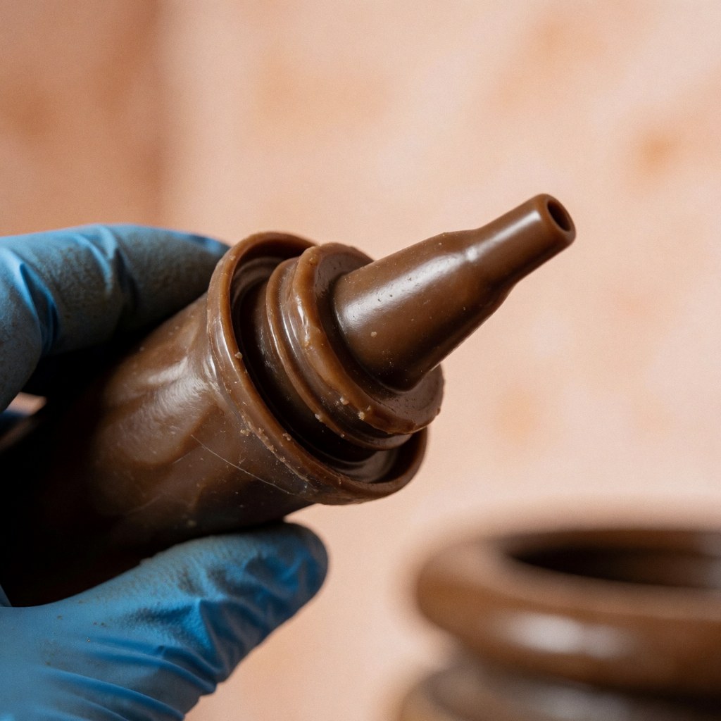 Gros plan de sceaux en cire bruns avec des détails texturés, posés près d'un mur terracotta, éclairage chaud et professionnel.