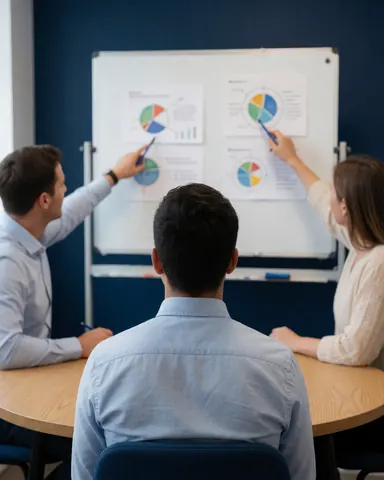Deux agents d'assurance présentent des graphiques sur un tableau blanc à un client assis à une table en bois clair dans une salle aux murs bleus.