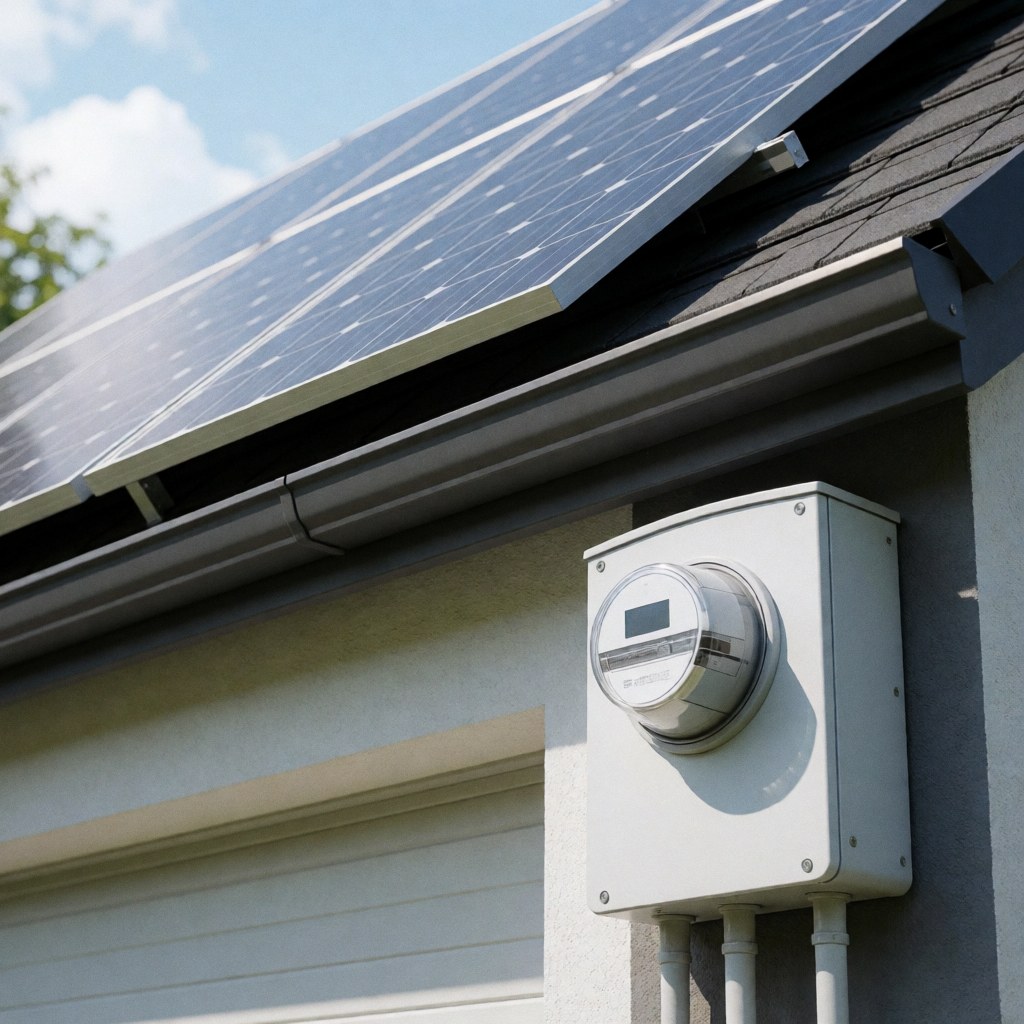Vue rapprochée d'un compteur électrique intelligent monté sur un mur de maison résidentielle avec des panneaux solaires visibles en arrière-plan.