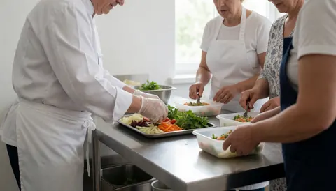 Un chef en tenue professionnelle prépare une salade fraîche dans une cuisine équipée, utilisant des ustensiles et des ingrédients visibles sur le plan de travail.