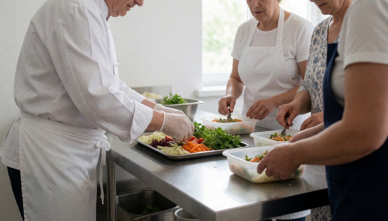 Un chef en tenue professionnelle prépare une salade fraîche dans une cuisine équipée, utilisant des ustensiles et des ingrédients visibles sur le plan de travail.