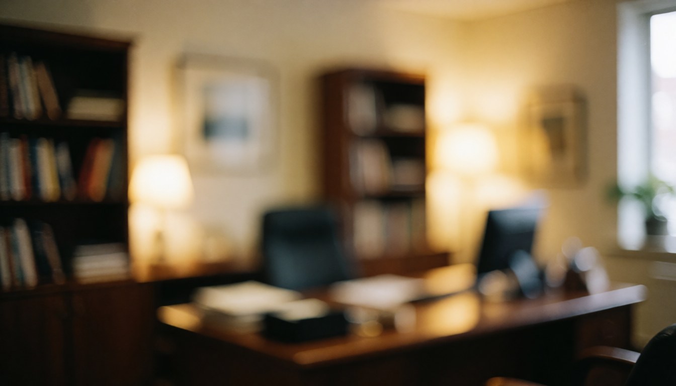 Intérieur d'un bureau professionnel éclairé par une lumière chaude, montrant un bureau en bois, des étagères avec des livres et une plante près d'une fenêtre.