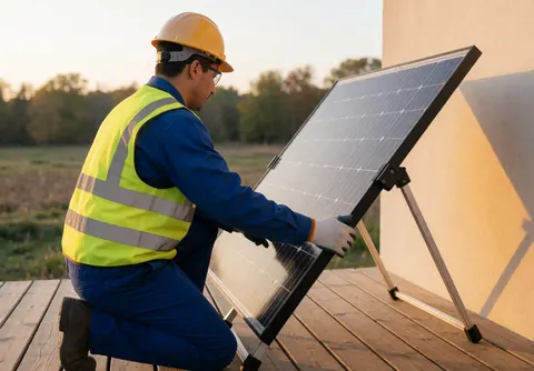 Un technicien en casque et gilet jaune installe un panneau solaire portable sur une terrasse en bois au coucher du soleil.