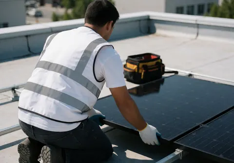 Un technicien en gants et gilet de sécurité ajuste un panneau solaire sur un toit, entouré d'outils, sous un soleil brillant, dans un environnement professionnel et propre.
