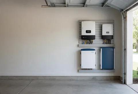 Installation photovoltaïque avec onduleurs et batteries fixés au mur d'un garage, éclairée par la lumière naturelle.