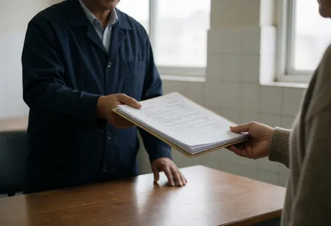 Un technicien en uniforme remet des documents officiels à un client lors d'une réunion professionnelle dans un bureau.