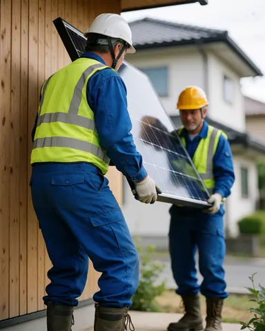 Deux techniciens en casques et gilets soulèvent un panneau solaire devant une maison, illustrant le travail d'installation d'énergie solaire en milieu résidentiel.