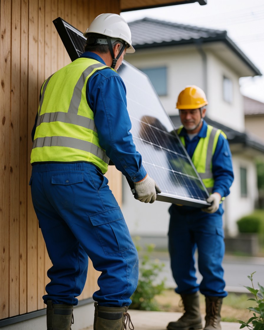 Deux techniciens en casques et gilets soulèvent un panneau solaire devant une maison, illustrant le travail d'installation d'énergie solaire en milieu résidentiel.