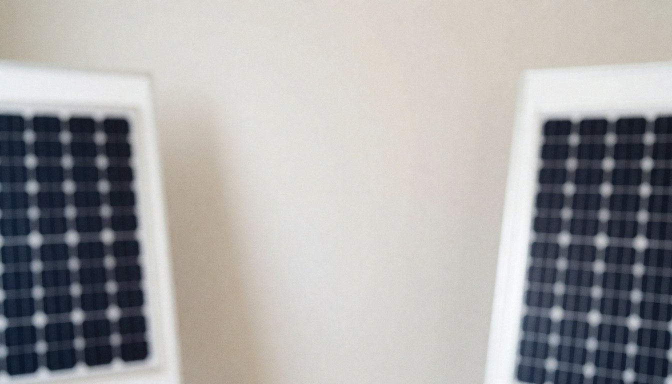 Deux panneaux solaires avec cadre blanc sur fond clair, idéal pour placer du texte, sans personnes, pour entreprise d'énergie solaire.