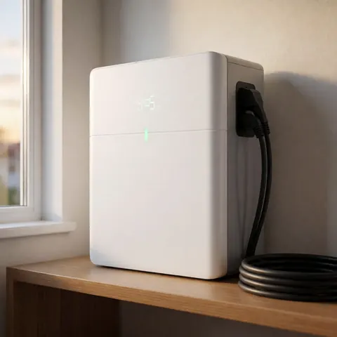 Batterie solaire moderne blanche posée sur une étagère en bois avec indicateur lumineux vert et câble noir, éclairée par la fenêtre.
