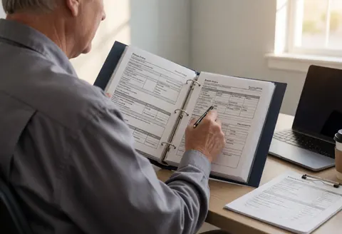 Un professionnel dans un bureau examine des documents avec un stylo, un ordinateur portable et une tasse de café, dans un environnement sérieux et réglementé.