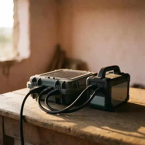 Chargeur solaire et batterie portable connectés posés sur une table en bois rustique dans une maison rurale aux murs de terre avec lumière dorée du coucher de soleil.