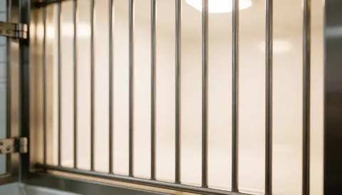 Cage de séchage ventilée en acier inoxydable pour chiens, avec lumière chaude et fond blanc, idéale pour la publicité et les textes.