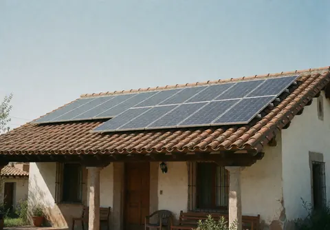 Façade d'une maison résidentielle équipée de panneaux photovoltaïques sur un toit en tuiles, sous un ciel bleu clair, évoquant l'installation d'énergie solaire.