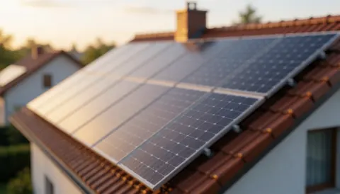 Toit résidentiel avec installation solaire en arrière-plan flou, éclairage doré chaleureux, idéal pour textes commerciaux et énergie renouvelable.