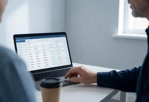 Un technicien pose sa main sur le trackpad d'un ordinateur portable pour surveiller les données d'énergie solaire dans un bureau lumineux avec une tasse de café.