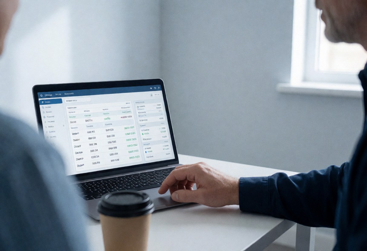Un technicien pose sa main sur le trackpad d'un ordinateur portable pour surveiller les données d'énergie solaire dans un bureau lumineux avec une tasse de café.