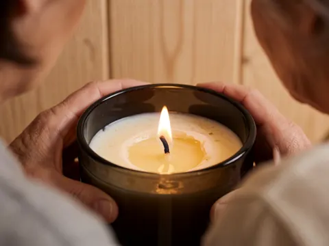 Une bougie en cire de soja brûle dans un bocal en verre foncé tenu par des mains, sur fond de murs en bois avec une lumière chaude et une ambiance cosy.