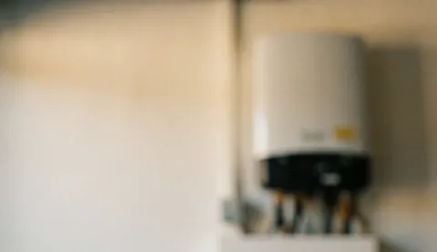 Arrière-plan flou avec des éléments d'énergie solaire comme un onduleur et une installation photovoltaïque sur un mur, offrant un espace neutre pour ajouter du texte.
