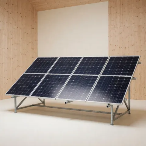Panneau solaire modulaire avec cellule photovoltaïque bleue sur structure en acier galvanisé, posé contre un mur en bois avec éclairage diffus.