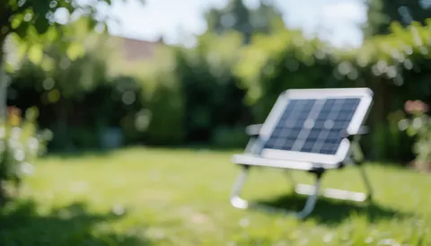 Un kit solaire portable posé sur une surface en extérieur, entouré d'herbe et d'arbres, sous un ciel clair, servant de fond pour du texte.