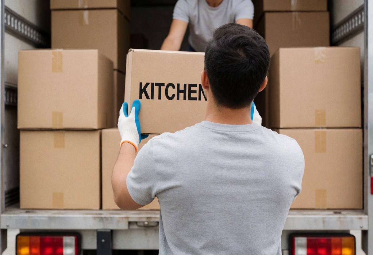 Vue arrière d'un chargement de caisses de cuisine dans un camion, avec des gants de protection, des boîtes bien organisées et une lumière naturelle.