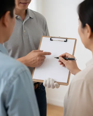 Un client heureux signe des documents de déménagement sur une table avec un stylo et un classeur, dans un intérieur calme.