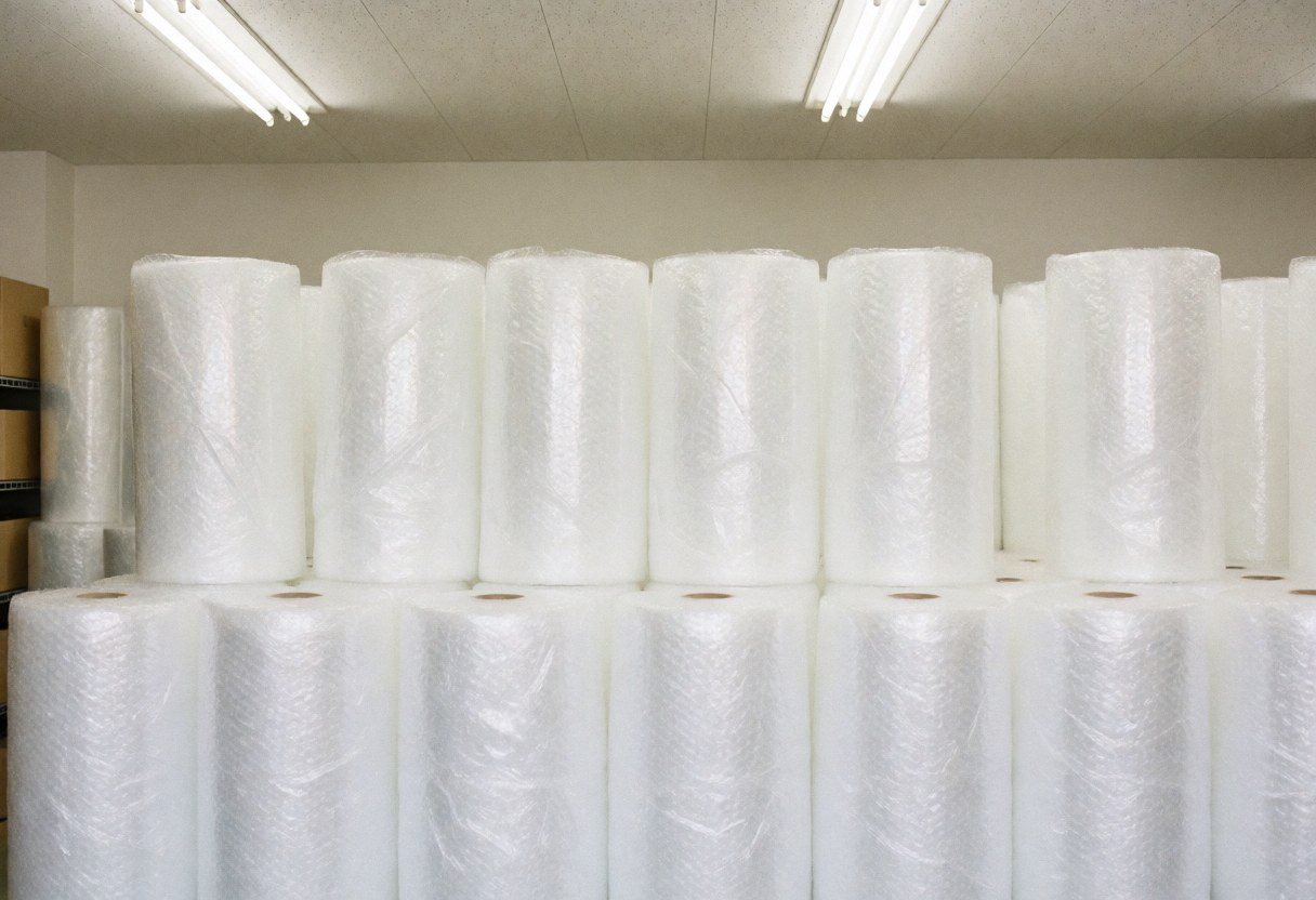 Entrepôt de déménagement avec des rouleaux de film bulle blancs empilés, éclairage fluorescent, environnement propre et organisé pour emballer meubles et objets.