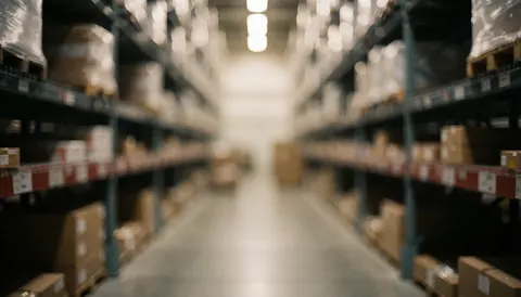 Fond d'entrepôt avec étagères et cartons, idéal pour les textes de déménagement, logistique et services de transport.