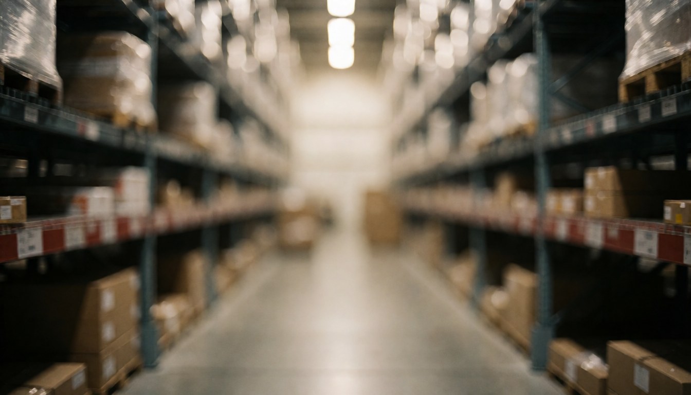 Fond d'entrepôt avec étagères et cartons, idéal pour les textes de déménagement, logistique et services de transport.