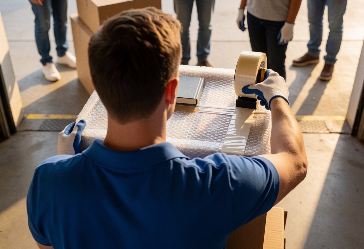 Un employé professionnel scelle une boîte en carton avec du ruban adhésif pour préparer le transport des biens lors d'un service de déménagement.