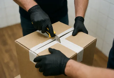 Un professionnel en train de couper une boîte avec un couteau lors d'un déménagement, mains gantées sur fond neutre.