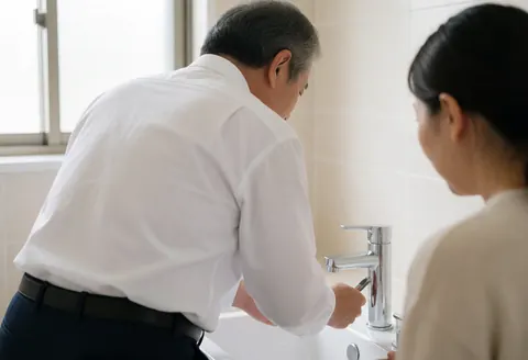 Un plombier professionnel installe un robinet chromé dans une salle de bain moderne avec carrelage beige et lumière naturelle.