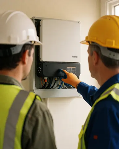 Deux techniciens en équipement de sécurité installent un onduleur solaire sur un mur intérieur dans un environnement professionnel.