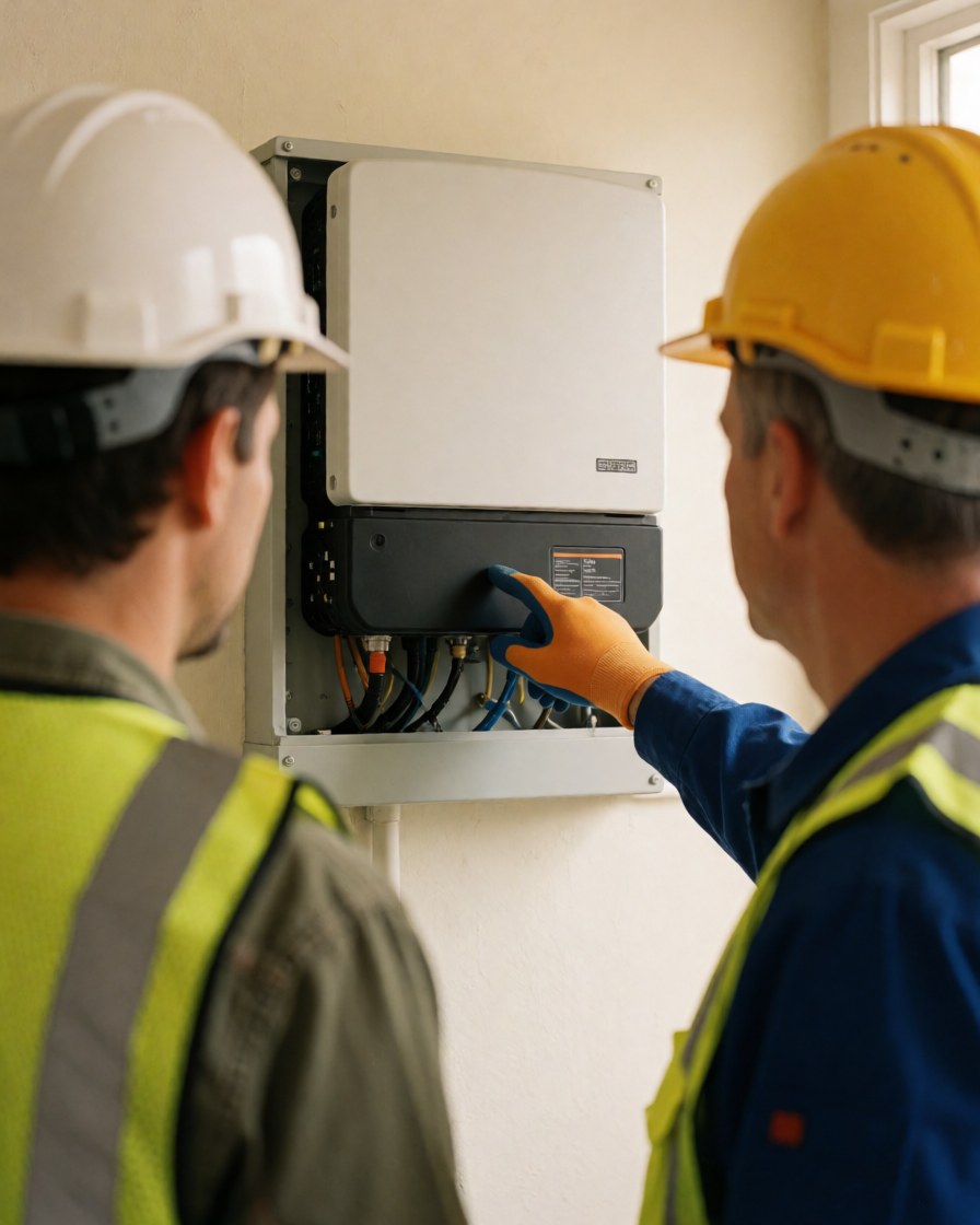 Deux techniciens en équipement de sécurité installent un onduleur solaire sur un mur intérieur dans un environnement professionnel.