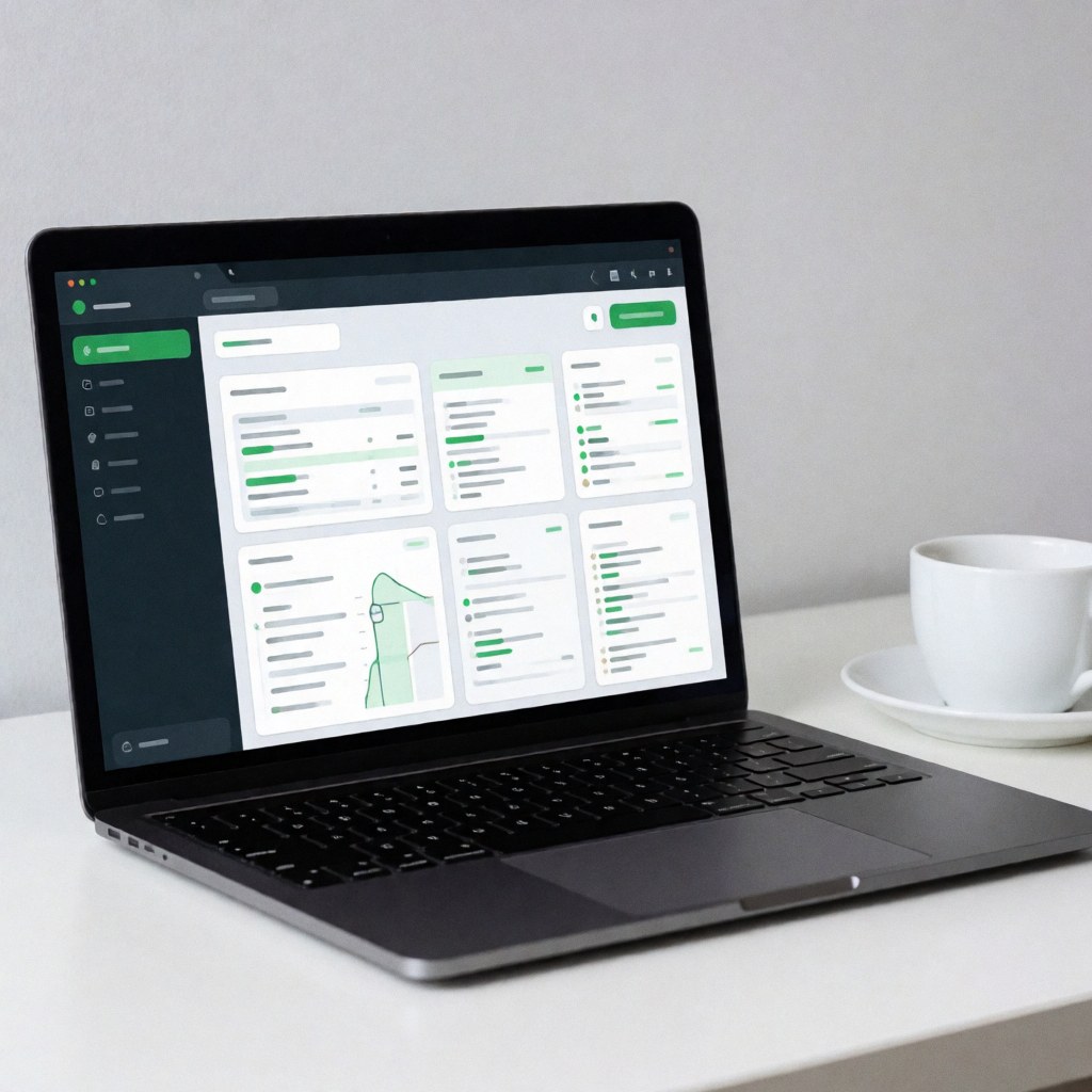 Vue rapprochée d'un ordinateur portable affichant une interface de tableau de bord minimaliste avec des graphiques verts, blancs et gris, posé sur un bureau avec une tasse de café.