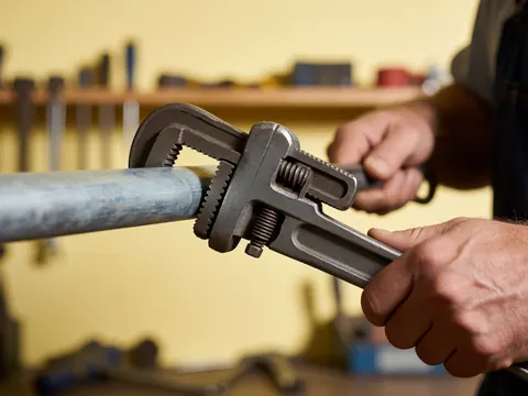 Mains d'un plombier ajustant une clé sur un tuyau galvanisé dans un atelier avec outils en arrière-plan.