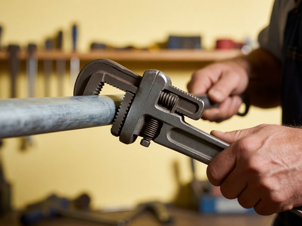 Mains d'un plombier ajustant une clé sur un tuyau galvanisé dans un atelier avec outils en arrière-plan.