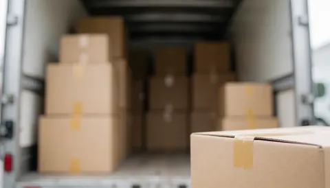 Arrière-plan flou et neutre adapté à l'ajout de texte, évoquant le secteur du déménagement et de la logistique avec des silhouettes suggérées.