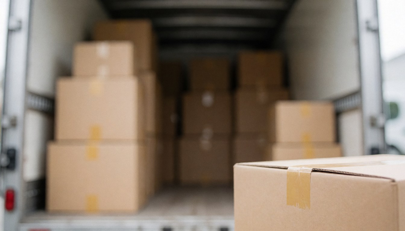Arrière-plan flou et neutre adapté à l'ajout de texte, évoquant le secteur du déménagement et de la logistique avec des silhouettes suggérées.