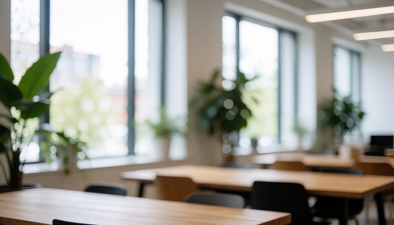 Arrière-plan flou d'un espace de travail partagé moderne avec des plantes vertes, des fenêtres et une lumière douce pour texte ou présentation éducative en ligne.