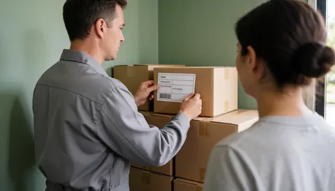 Un travailleur examine une étiquette sur une caisse en carton dans un entrepôt avec des murs verts et des colis empilés, illustrant la logistique.