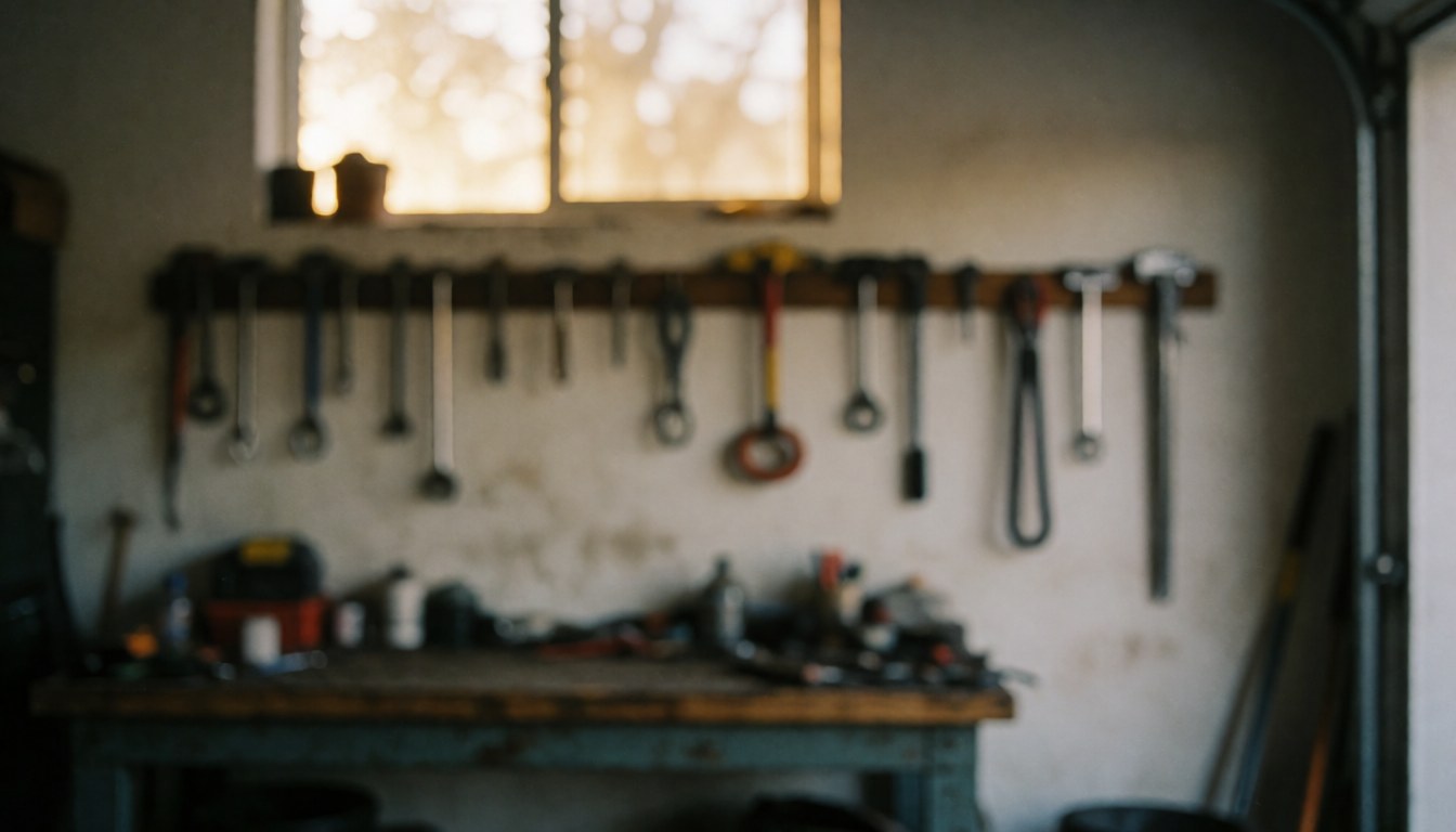 Fond d'atelier montrant des outils accrochés au mur et une table de travail en bois, éclairage chaud et doux, idéal pour superposer du texte commercial.