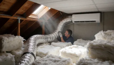 Vue rapprochée d'une installation de système de ventilation et de climatisation dans un espace en attique avec poutres apparentes et lumière naturelle.
