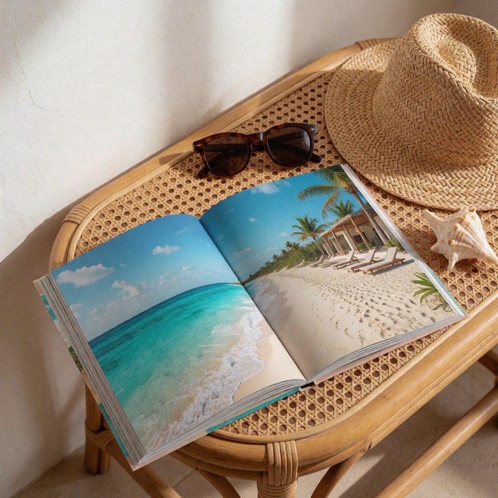 Une brochure de voyage ouverte montrant des plages et des hôtels, accompagnée d'un chapeau, de lunettes et d'une coquille sur une table en rotin éclairée par la lumière naturelle.