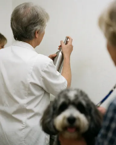 Un groomer tenant un vaporisateur dans un salon pour chiens, avec un chien au premier plan sur fond blanc dans un environnement professionnel de soins.